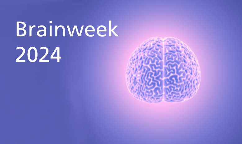 Bild eines rosa leuchtenden Gehirns auf violettem Hintergrund. Ein Schriftzug: "Brainweek 2024"